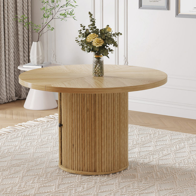 Table de salle à manger de 47,2 pouces de style rond en bois avec rangement à double couche et forme de colonne romaine - avec finition en grain de bois classique