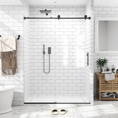 56–60" W X 76" H Frameless Sliding Shower Door 3/8”(10mm) Tempered Glass And Stainless Steel Hardware, Matte Black