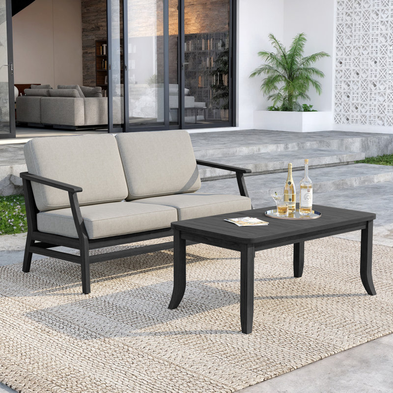Polett Teak Outdoor Two-person Patio Set With Cushions And Side Table, Light Camel, Black