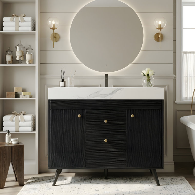 Meuble-lavabo autoportant moderne avec plateau en pierre frittée, lavabo en céramique et rangement intelligent, Black