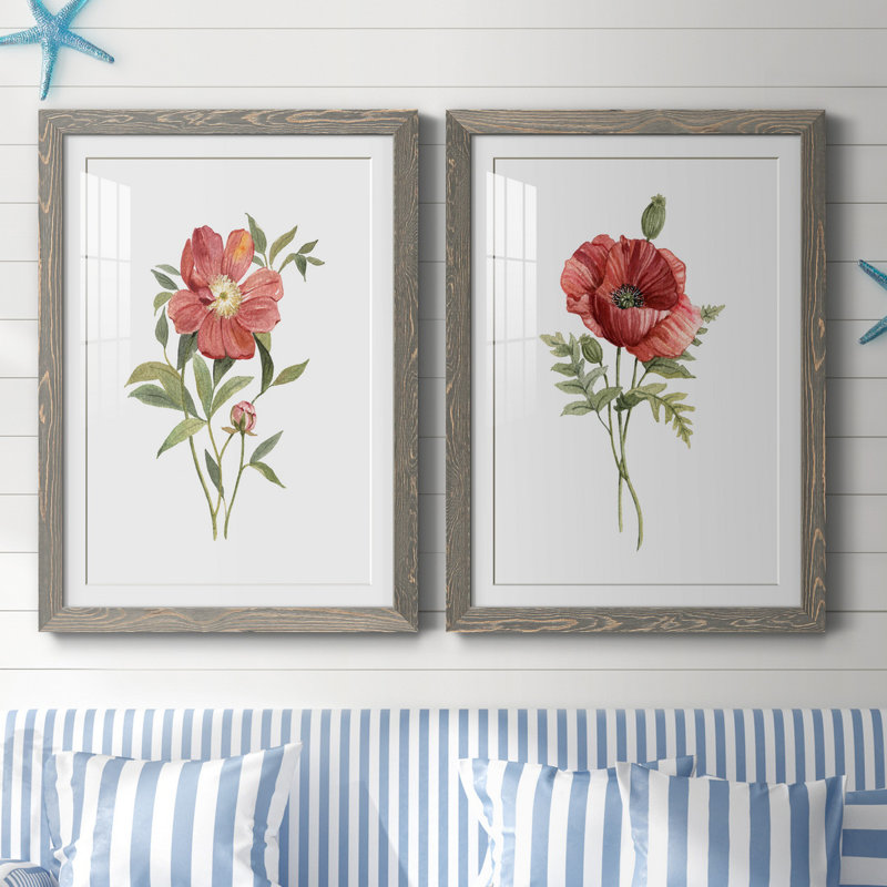 Pivoine écarlate - ensemble de 2 reproductions d'art, H 31,5 po x l 47 po x P 1,5 po, Cadre en papier gris, Blanc