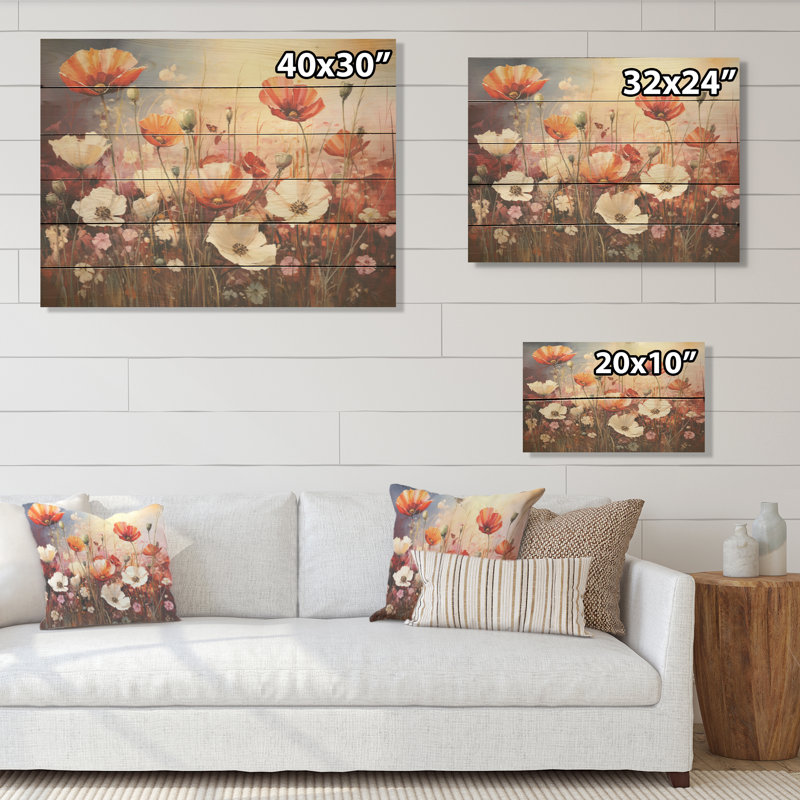«White Crimson Flower S Embrace», art mural en bois sur bois de pin naturel, H 24 po x l 32 po