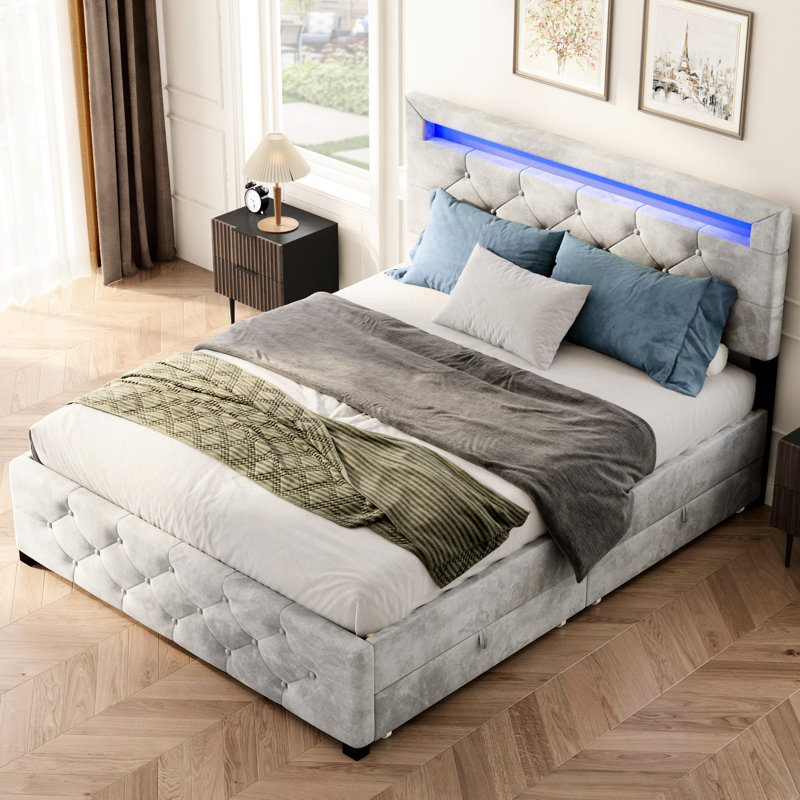 Full Size Upholstered Platform Bed Frame With 4 Drawers And Led, No Box Spring Needed, Grey Velvet, Metal For Bedroom Use Led , Required, Velvet Upholstered, Robust Construction,