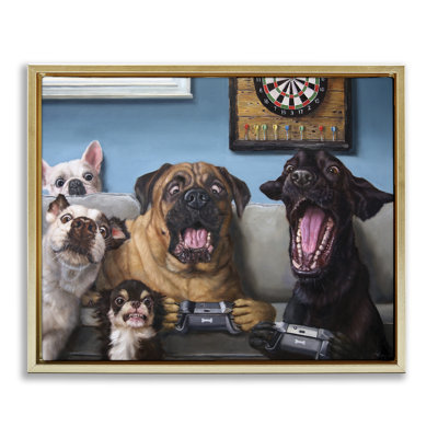 Funny Dogs Playing Video Games Livingroom Pet Portrait by Lucia Heffernan - Floater Frame Painting on Canvas