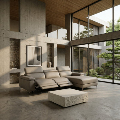 Emborough - Canapé modulaire moderne en cuir gris clair + 2 fauteuils inclinables - Méridienne faisant face à la droite