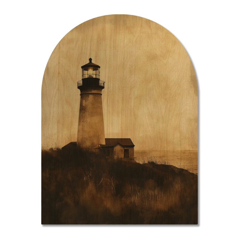 Phare du Crépuscule Doré IV - Décoration murale en bois arqué sur le thème de l'océan, H 24 po x l 18 po, Arche