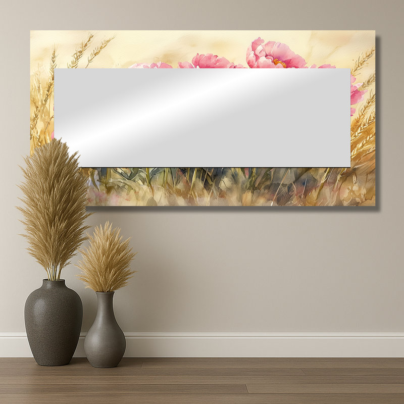 Pivoines dans le champ d'ivraie I - miroir décoratif floral - imprimé sur métal, 28 po x 55 po