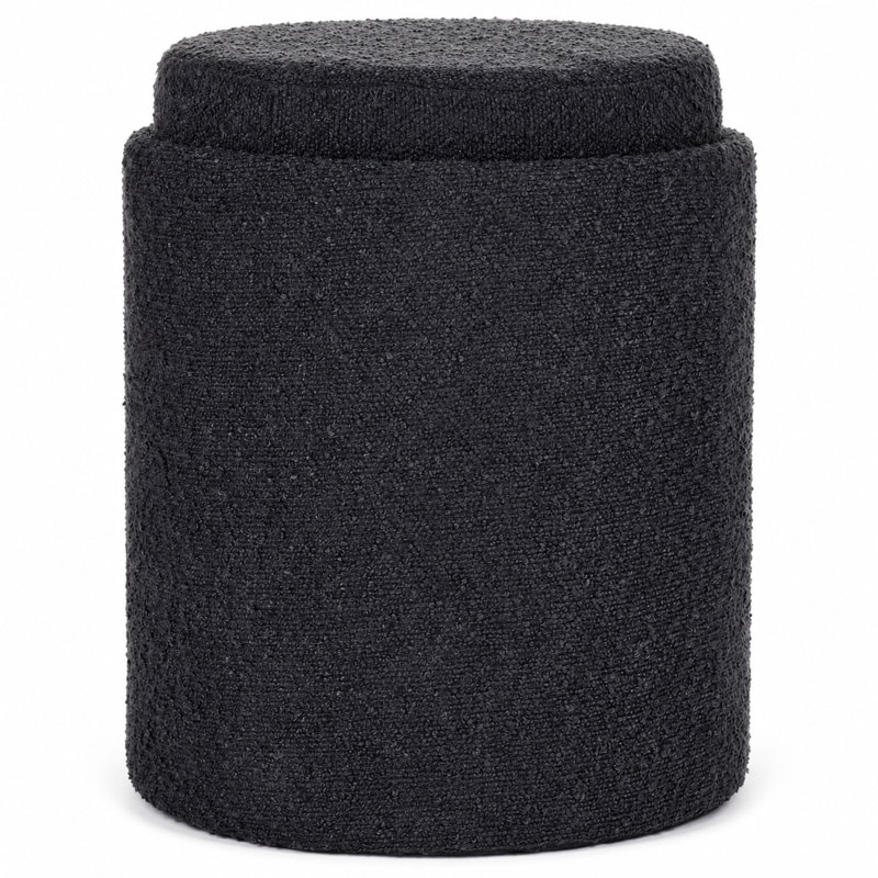 15" Boucle Round Storage Ottoman with Reversible Tray Top, Tufted Upholstered, Black, Black