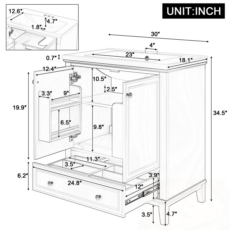 Meuble-lavabo de salle de bain avec lavabo, 1 tiroir et tablettes de porte, Vert