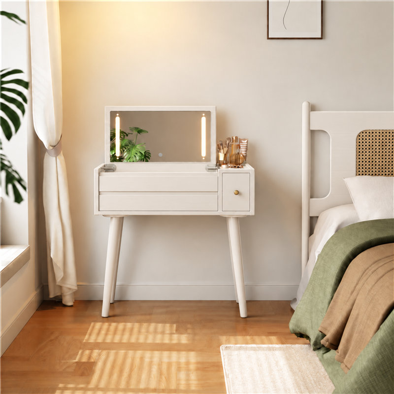 Coiffeuse à maquillage en bois massif Anita avec miroir rabattable et modes d'éclairage, L 31,4 po, Blanc