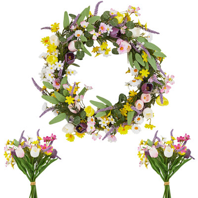 Couronne florale printemps / été fausse tulipe et pivoine pour porte d'entrée - lavande et verdure, base en rotin véritable - comprend 2 bouquets assortis - décoration murale de ferme - 24 pouces