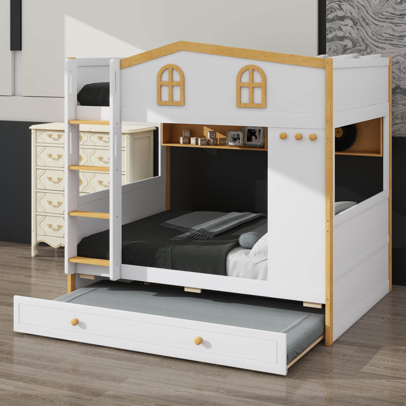 Lit superposé en forme de maison avec lit gigogne et tablettes de rangement, cadre de lit superposé en bois avec barrières et échelle de type maison