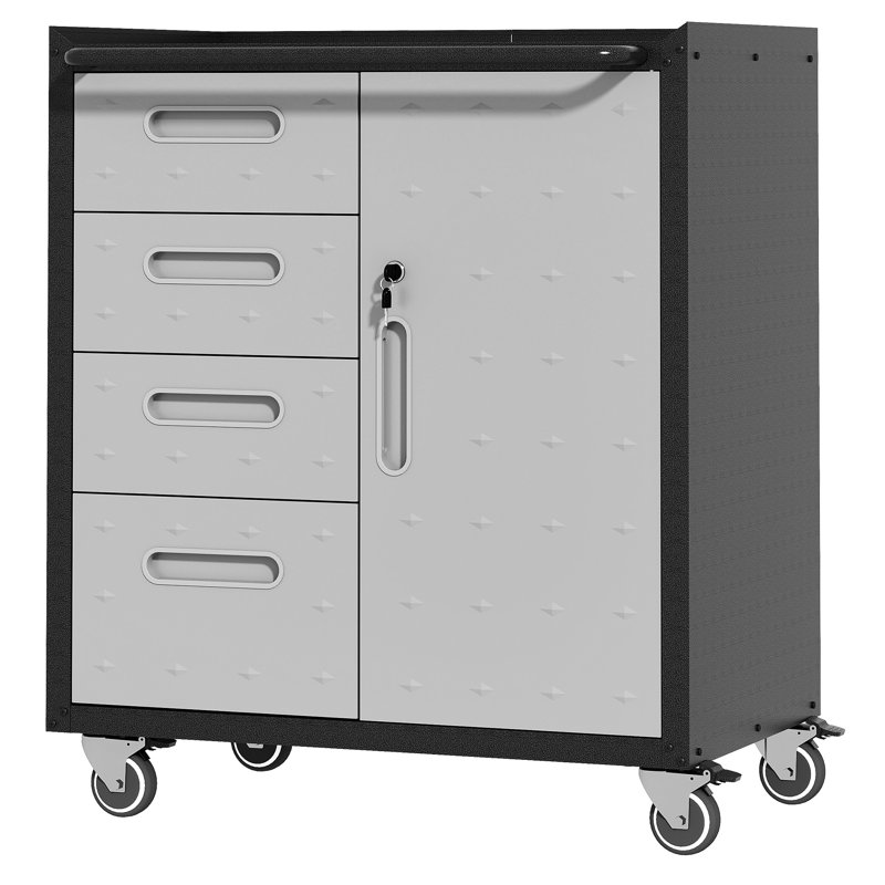 Armoire de rangement en métal avec roulettes - Garage, bureau, maison. Plateau surélevé, 4 tiroirs, zone verrouillable. Robuste. Noir / gris pour un usage domestique. 360 roues, surface. Tablettes réglables.
