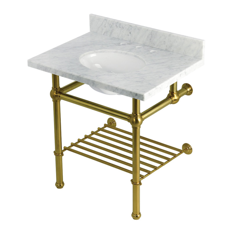 Kingston Brass Templeton 30-Inch Carrara Marble Console Sink with Brass Legs and Shelf (8-Inch, 3-Hole)
