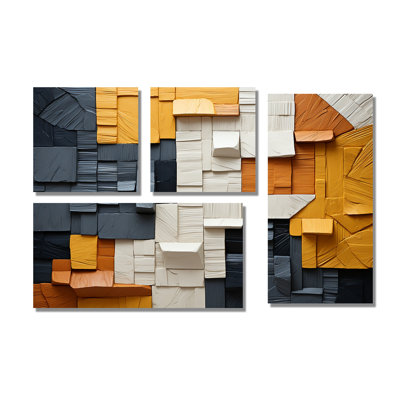 Cubic fibre jaune et gris I - Cubisme abstrait, impressions sur toile, 4 pièces