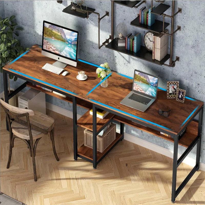 Bureau double 78,7 po pour deux personnes avec tablettes, poste de travail industriel brun rustique pour 2 personnes avec tablettes de rangement, bureau d'écriture pour bureau à domicile