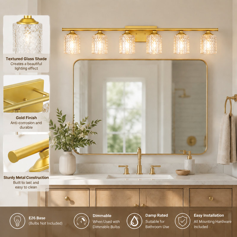 Vernice 6 - Light Bathroom Steel Dimmable Vanity Light, Brass Glitter