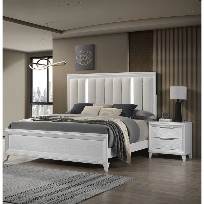 Ensemble de lit contemporain très grand lit 2 x table de chevet 3 pièces lit à panneaux, coussin rembourré, lumières DEL, tête de lit, meubles en bois massif en bois blanc
