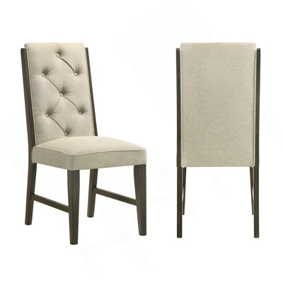 2Pc Upholstered Chairs Elegant Tufted Detailing Plush Comfort Espresso Wood Frame Beige Upholstery Dining Room Wooden Furniture