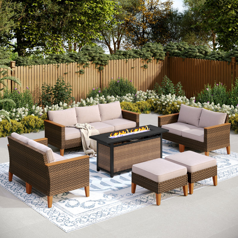 Ensemble de mobilier d'extérieur en osier 9 pièces Argyri, ensemble de patio modulaire avec coussins beiges, Oui, Beige