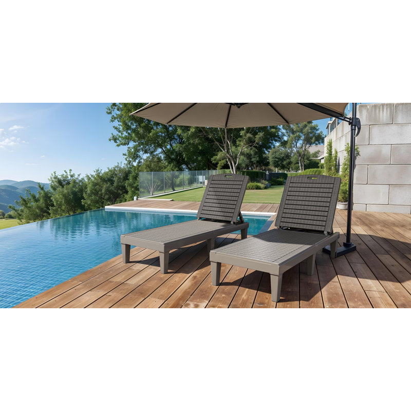 Outdoor Resin Chaise Lounges with Adjustable Backrest (Set of 2), Gray