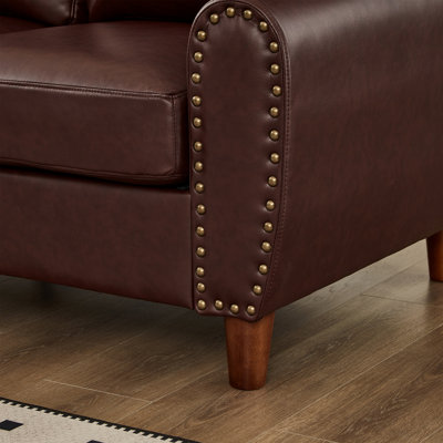 81.5" Classic Living Room Sofa  Faux Leather Couch,Rolled Arm Sofa with Nails,Solid Wood Legs,Upholstered Breathable PU Leather Burgundy.