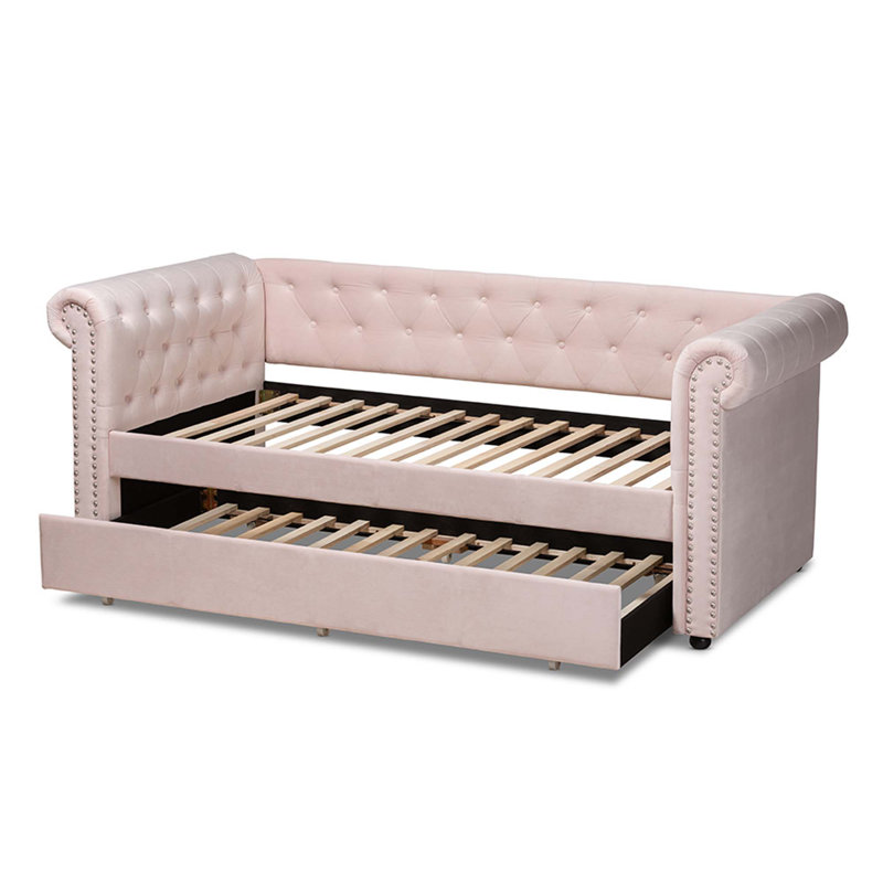 Mickel Upholstered Twin Daybed with Trundle, Pink