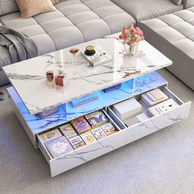 Table basse avec 2 grands tiroirs et tablettes ouvertes Jaycean