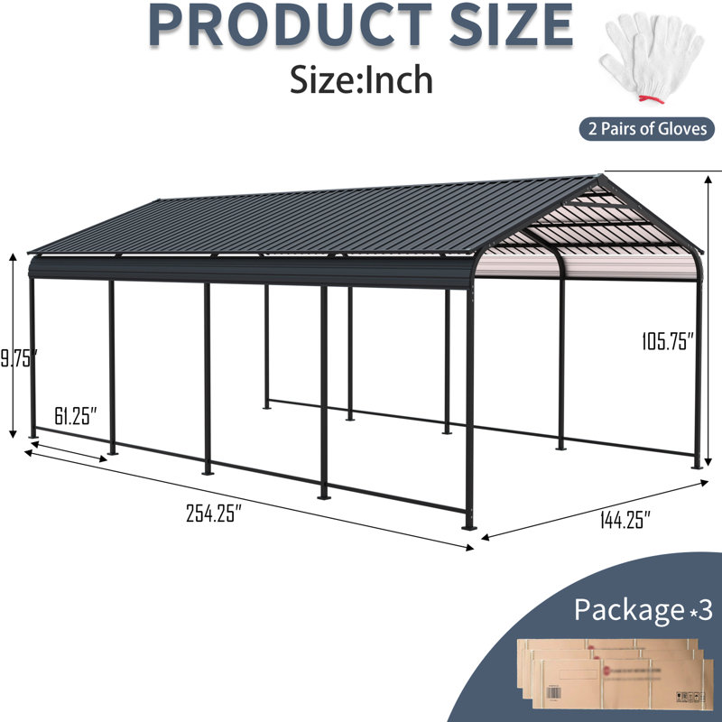Galvanized Steel 12 X 21 Ft Carport, Vertical Stripe Roof To Reduce Collapse Risk In Snow, High - Strength Design Heavy Duty Powder Coated For Corrosion Resistance, Ideal Driveway Cover
