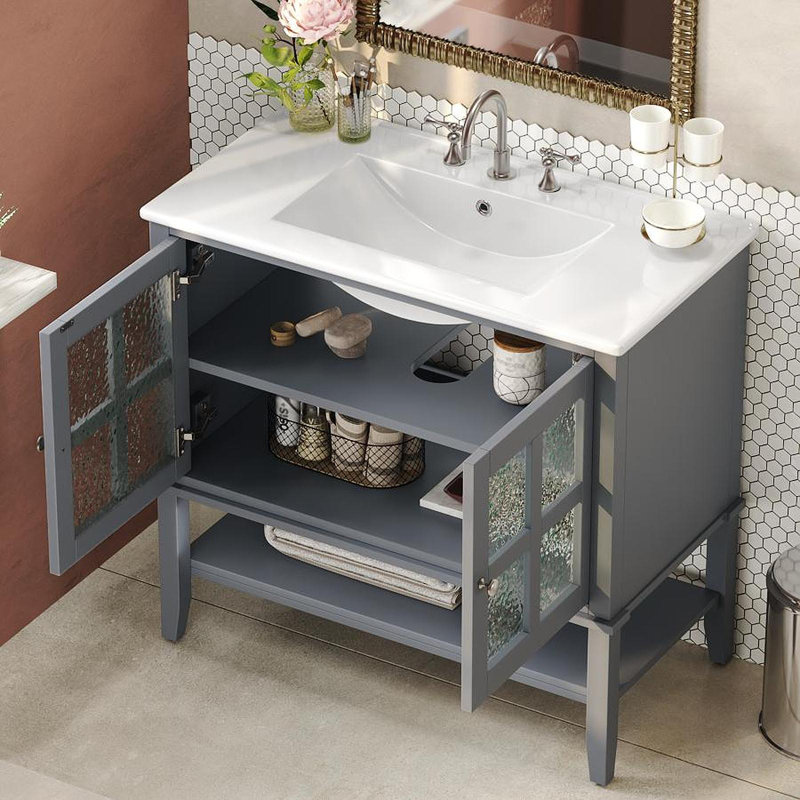 36" Bathroom Vanity With Ceramic Sink, Bathroom Vanity With Adjustable Shelf And Open Shelf, With Solid Wood Legs, Waterproof Painted Finish, Silver Metal Knobs And Soft Close Hinges Design, Grey