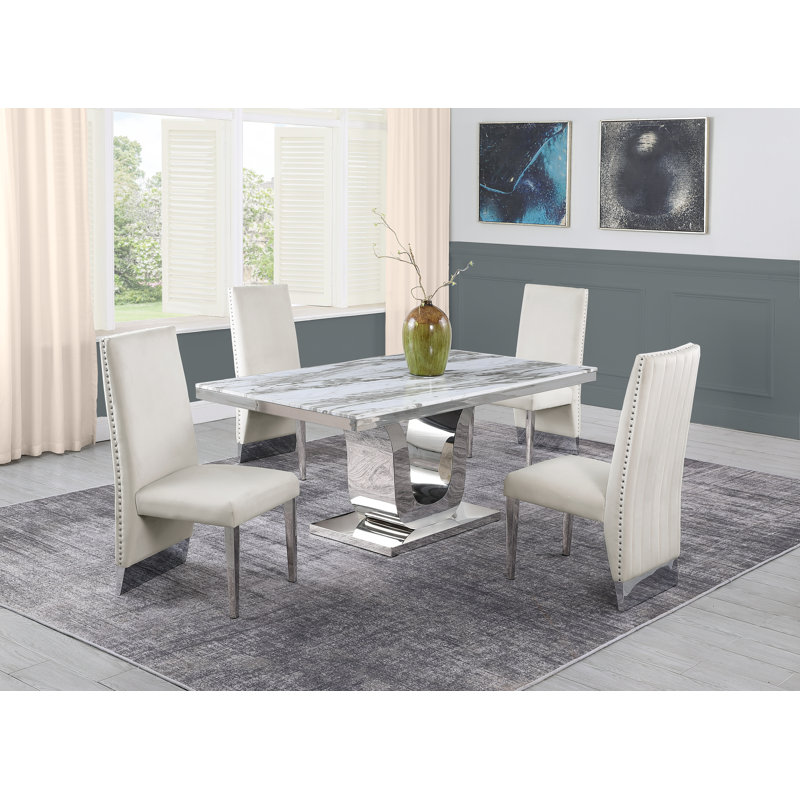 Andorra White Marble Dining Set with Velvet Side Chairs, White/Silver, Cream/Silver, 5