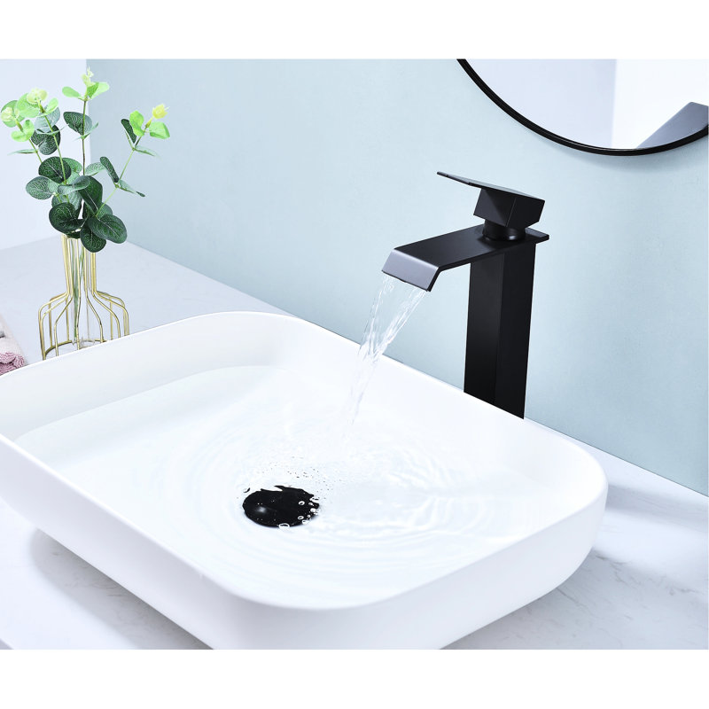 Robinet de lavabo de salle de bain avec robinet à cascade, poignée simple, bonde escamotable en acier inoxydable noir rouille mat, installation simple, sans évier