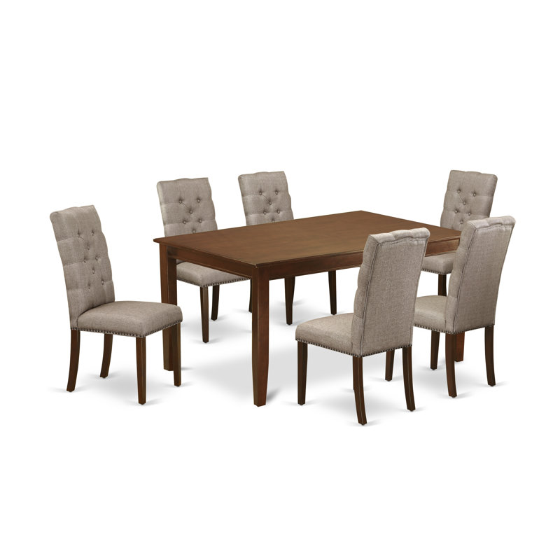 Ensemble de table de salle à manger 7 pièces composé d'une table de cuisine rectangulaire et de 6 chaises de salle à manger Parson en tissu kaki foncé, acajou