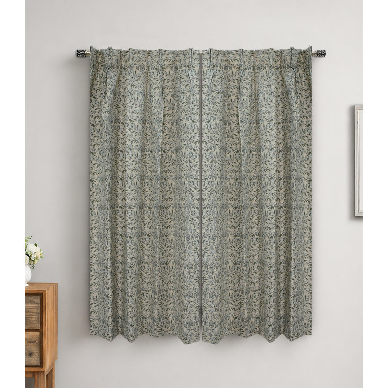 Rideau plissé à motif floral en lin gris et bleu, L 27 po x L 36 po