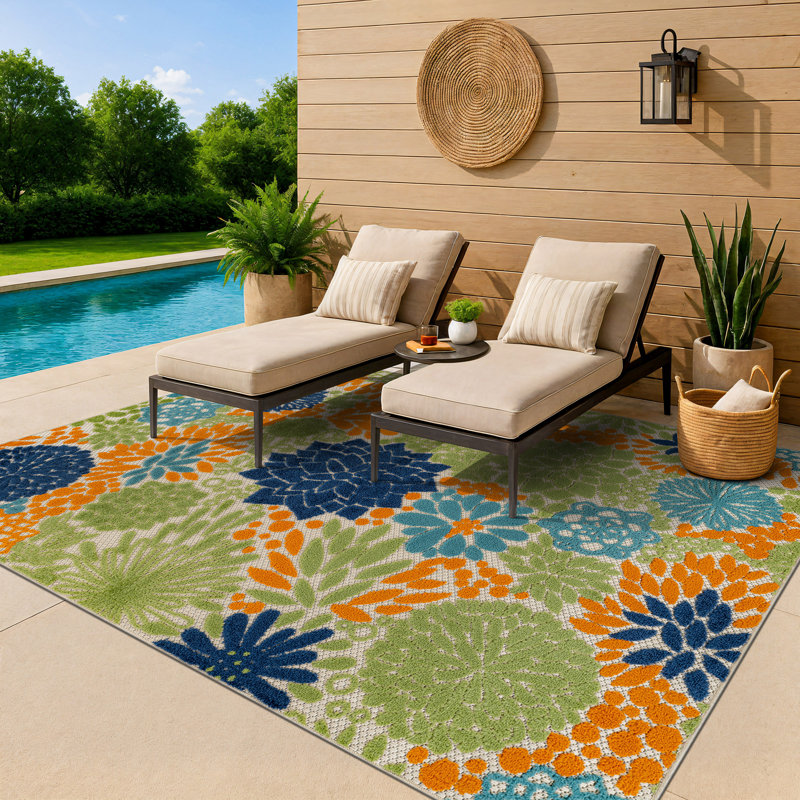 Floral Beige/Navy/Teal/Green/Orange Indoor/Outdoor High-Low Area Rug, Rectangle 7'10" x 10', Multi/Beige