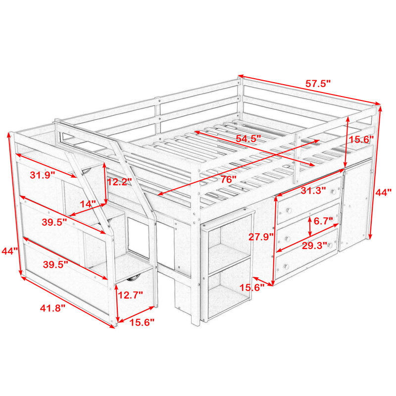 Alzata 3 Drawer Slat Loft Bed with Built-in-Desk by Isabelle & Max™, Full, Gray