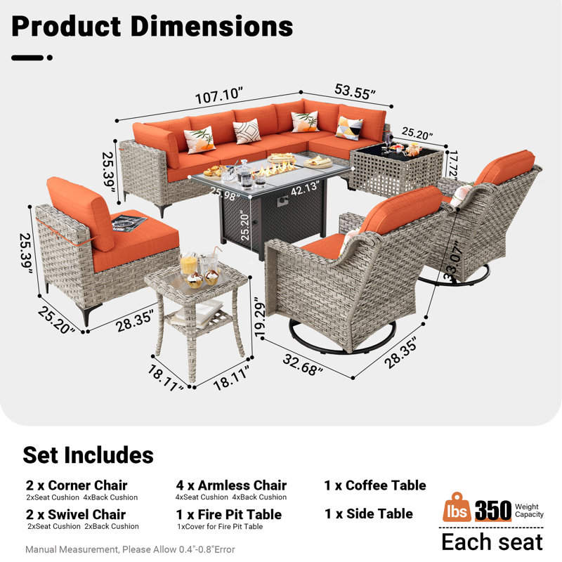 Ensemble de conversation modulaire en osier avec coussins 11 pièces Emroy, Orange-rouge, Oui