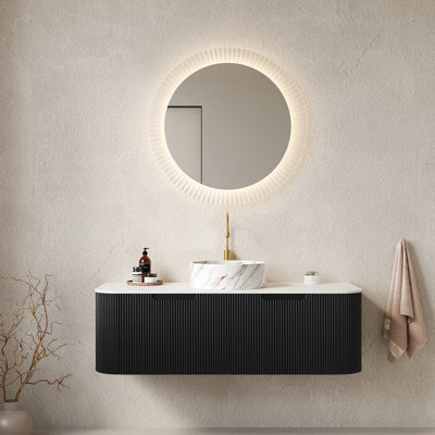 48" Bathroom Vanity with Sink, Wall-Mounted Curved Edges Striped Bathroom Storage Cabinet with 2 Drawers, White Round Ceramic Basin with Stone Pattern, Pre-assembled