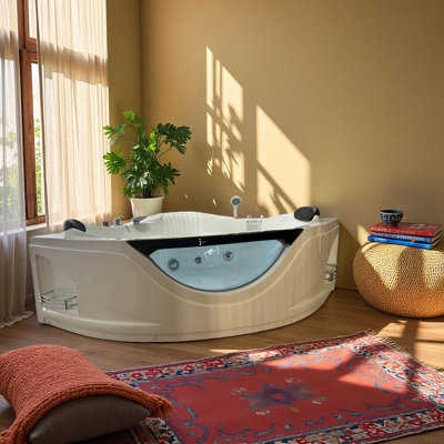 59" Corner Whirlpool Bathtub For 2-Person, Luxury Jetted Spa Tub With 6 Hydro Massage Jets, Chromatherapy LED Lights &Pneumatic Adjust System,  Water Pump,Drainer