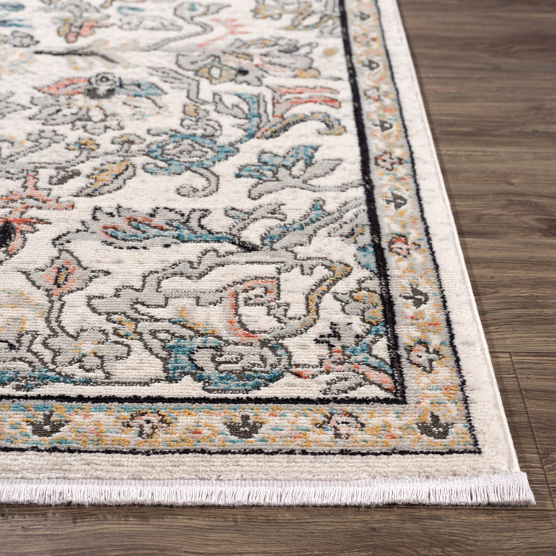 Tapis oriental ivoire / bleu Josepha, Rectangle 5 pi 3 po x 7 pi 3 po
