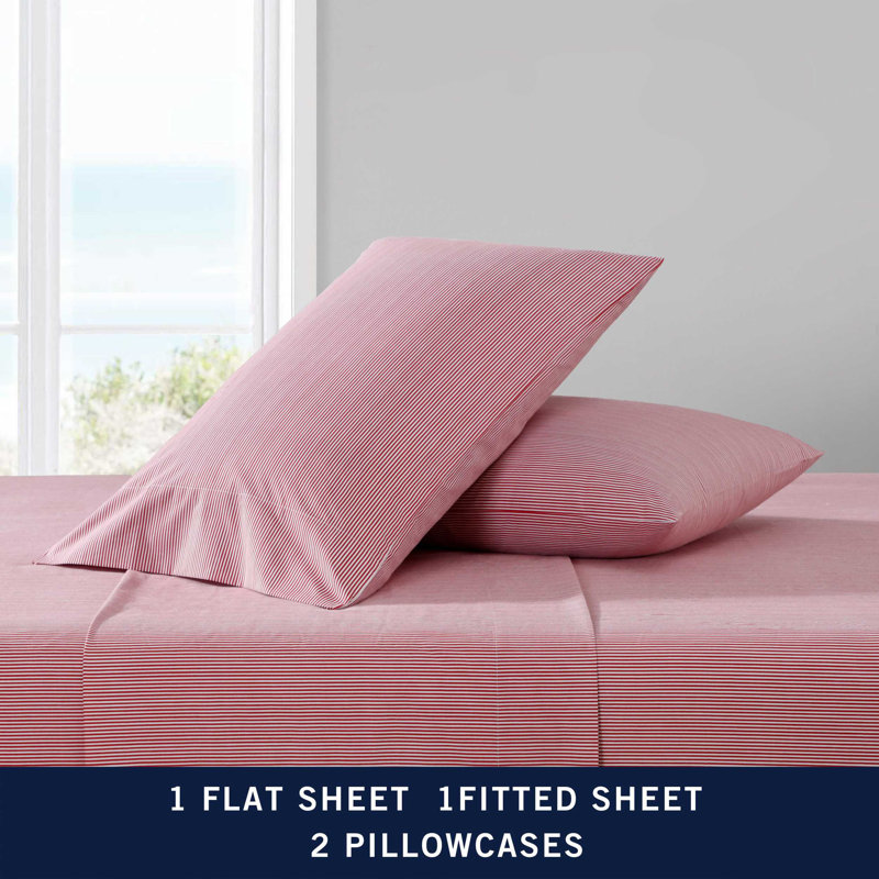 Full Size Red and White Cotton Percale Stripe Sheet Set