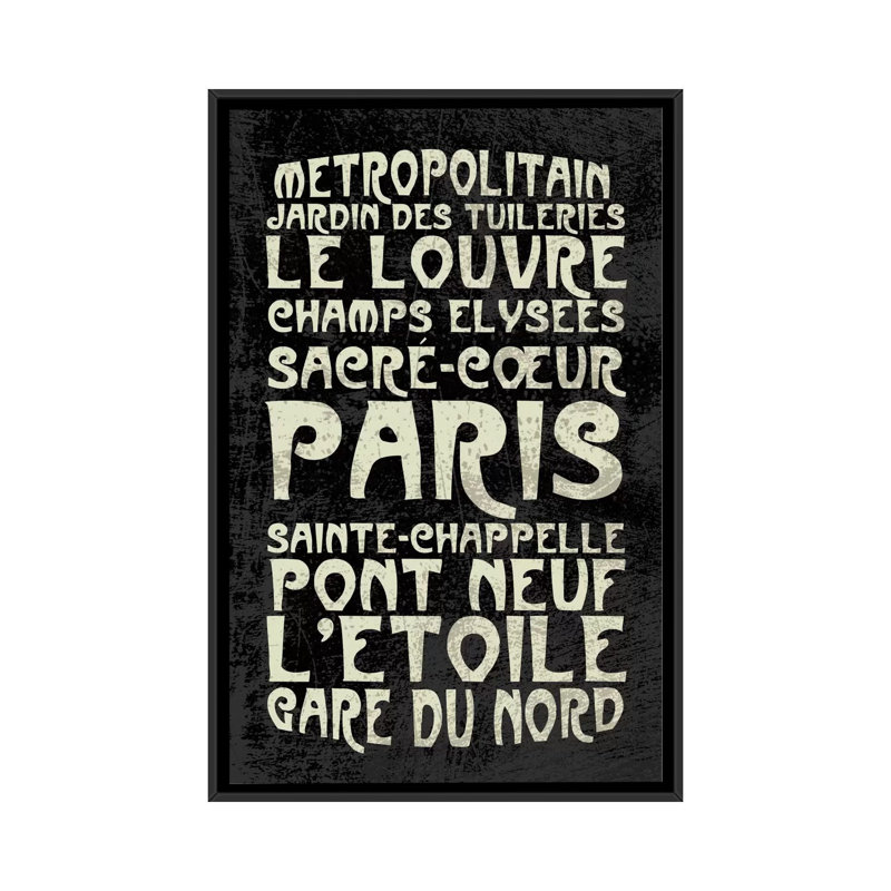 Paris, toile flottante, art textuel sur toile, H 48 po x l 32 po x P 1,5 po, Toile encadrée noire, Pas de tapis