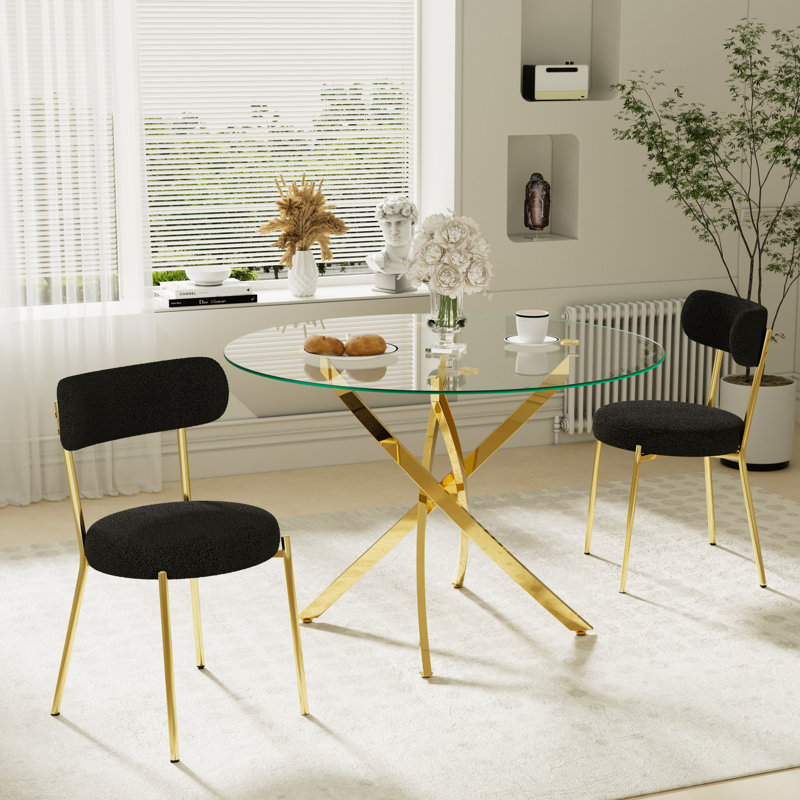 3-Piece Round Glass Dining Table Sets, Black/Gold, Gold