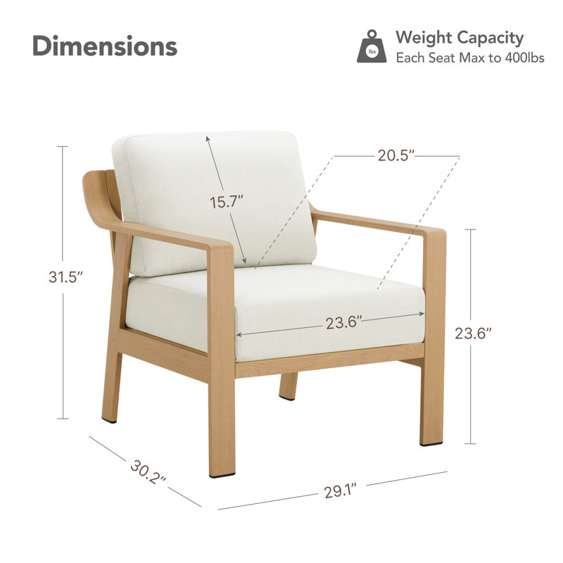 Fauteuil de patio en aluminium avec coussins, Coussin beige / structure en bois naturel