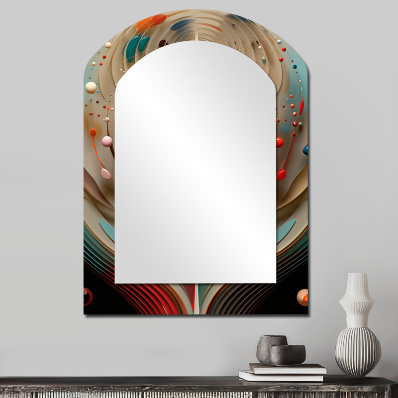 Awakening Of Origine - Shapes Arch Wall Mirror, Red Asymmetrical Decorative Mirror, Printed Metal Art, 34'' x 25''