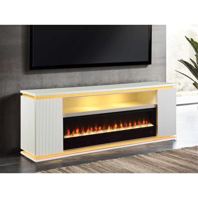Meuble télé contemporain avec foyer électrique blanc, réglage de la luminosité à 3 niveaux, contrôle de la température ambiante, supporte 65 téléviseurs, bois d'ingénierie, pin, verre et métal, assemblage des pieds requis, 6