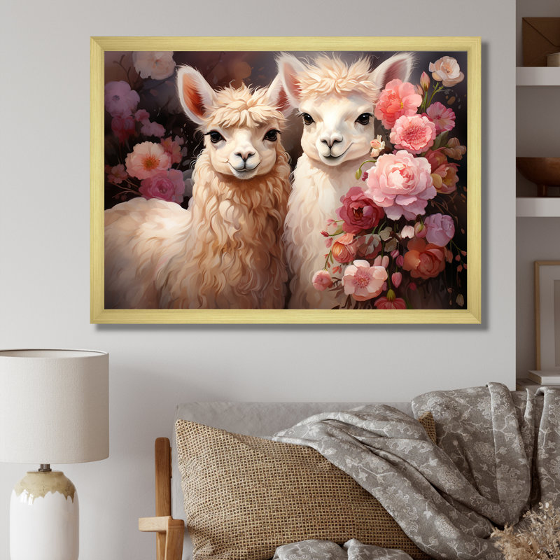 Fluffy Alpacas Floral Portrait - Alpaca Wall Art, Gold Closed Corner Framed, 24" H x 32" W x 1" D