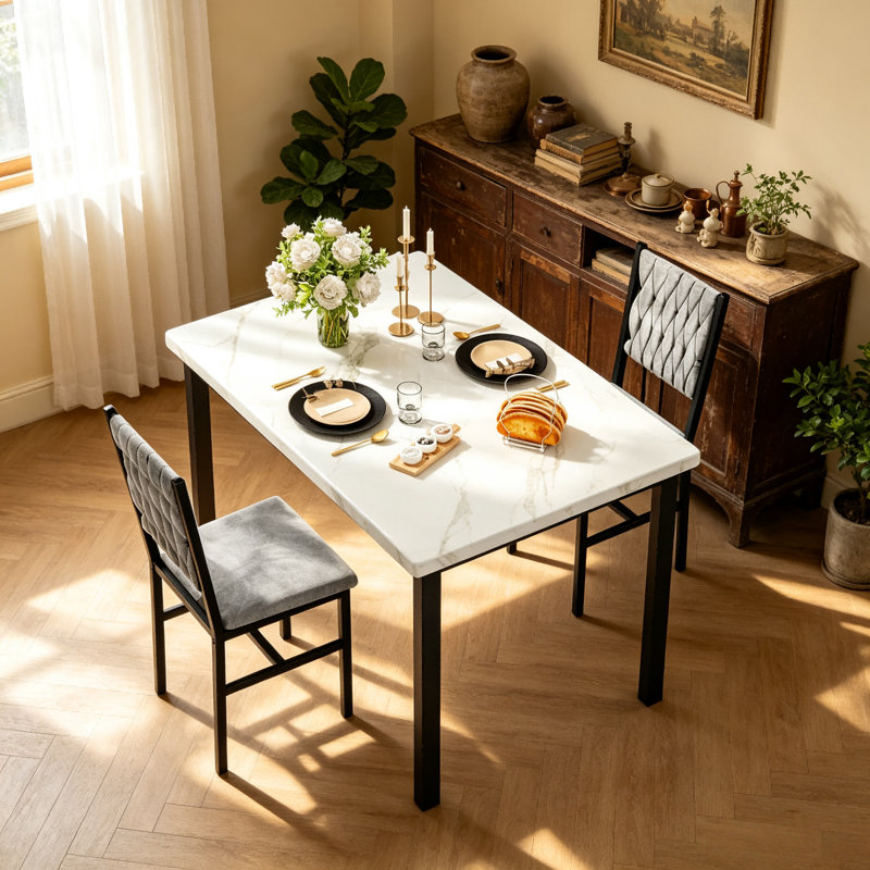 Ensemble de table de salle à manger pour petit espace 3 pièces, table de salle à manger rectangulaire avec 2 chaises capitonnées en tissu d'ameublement, pieds en métal robustes, styles de table multiples pour coin-repas, condo et maison