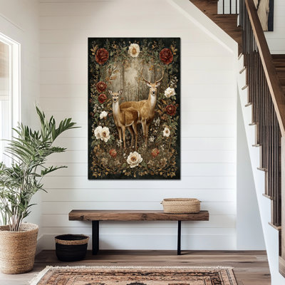 Art mural sur toile grand cerf de Noël, décor floral forêt d'hiver avec deux cerfs, impression sur toile, art mural prêt à accrocher pour une décoration saisonnière, 36 po x 48 po