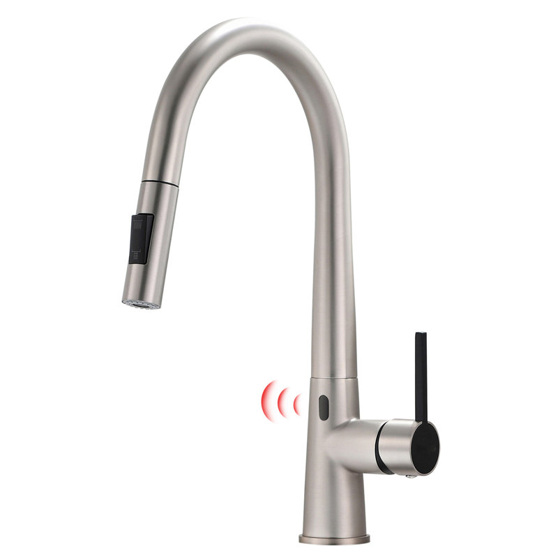 Robinet d'évier de cuisine à poignée simple avec capteur Topcraft, Nickel brossé / noir mat
